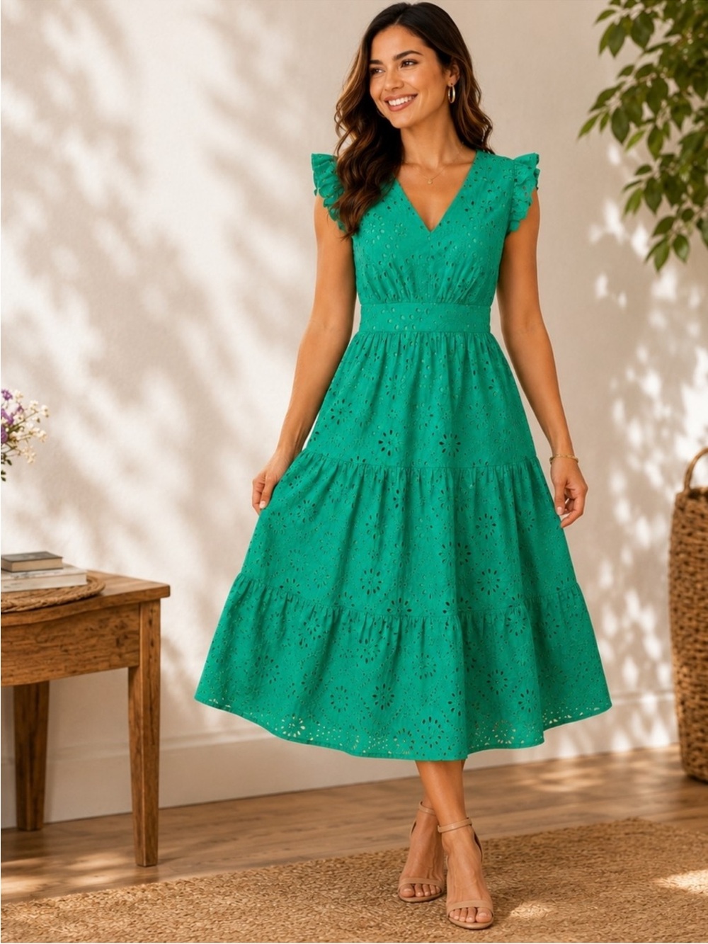 Maggy London Green Eyelet V-Neck Tiered Midi Dress